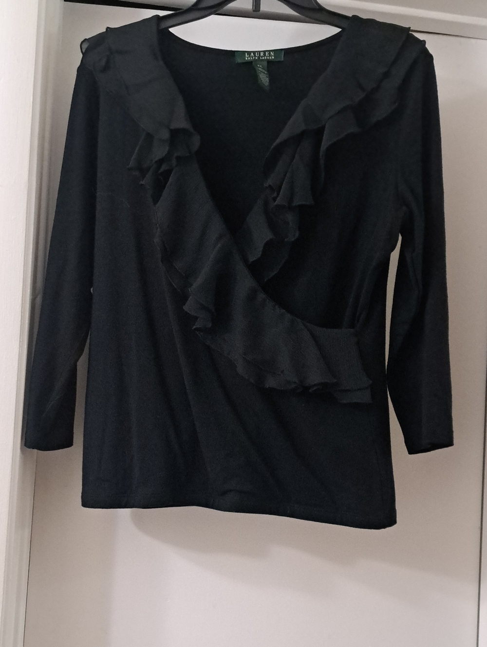 Ralph Lauren Black Knit Rayon /Elastane Top W/Ruffles SzPL LNWOT